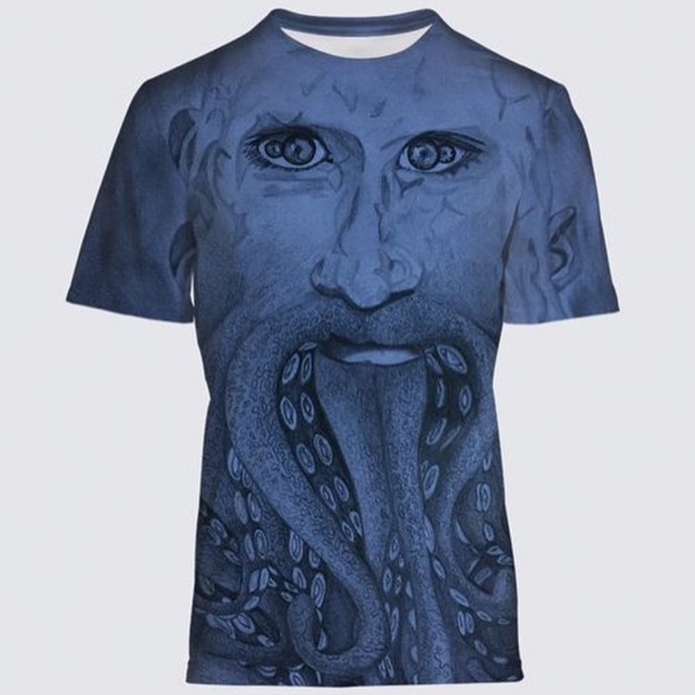 Blue Graphic T-Shirt with Artistic Face Design